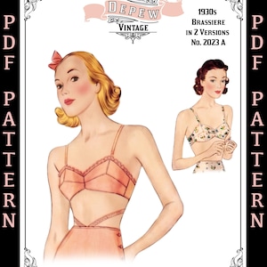 May include: Vintage PDF pattern for a 1930s brassiere, featuring two versions. The illustration shows a peach-colored lingerie set with a high-waisted bottom and a detailed bra. The design includes delicate straps and lace trim. The text reads "MRS. DEPEW VINTAGE".