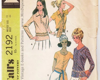 Vintage Sewing Pattern 1960s Blouses McCall's 2192 34" Bust