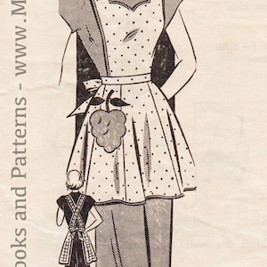 Patrón de costura vintage de los años 40, venta por correo, delantal con peto modelo 1880 con bolsillos en forma de racimo de uvas