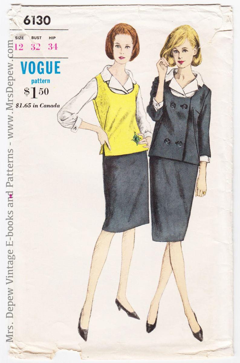 Patrón de costura vintage para traje, blusa y jubón de mujer, años 60, Vogue 6130, busto de 81 cm imagen 1