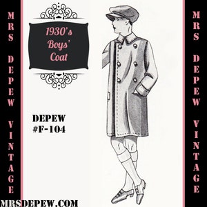 Menswear Vintage Sewing Pattern 1930&#39;s Boys&#39; Coat in Any Size Depew F-104 - Plus Size Included -INSTANT DOWNLOAD-