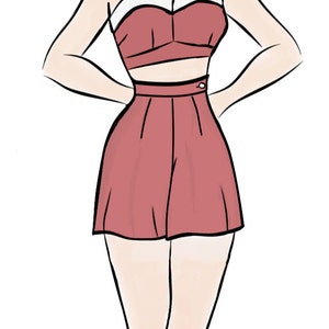 May include: A woman wearing a red and white two-piece swimsuit with a strapless top and high-waisted shorts.