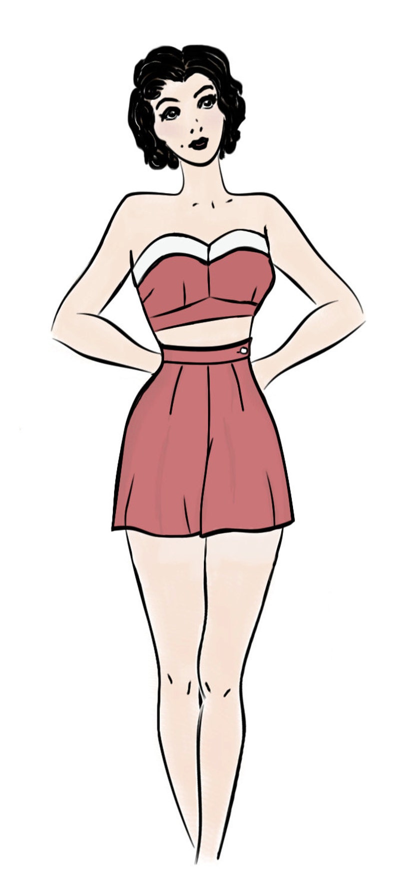 May include: A woman wearing a red and white two-piece swimsuit with a strapless top and high-waisted shorts.