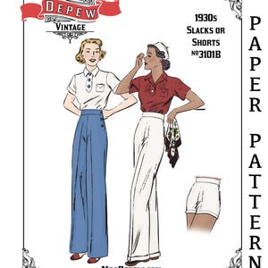 Wide Leg Trousers Vintage Sewing Pattern 1930s with Shorts #3101 B 25-45" Waist- PAPER PATTERN