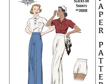 Wide Leg Trousers Vintage Sewing Pattern 1930s with Shorts #3101 B 25-45" Waist- PAPER PATTERN