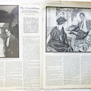 May include: A black and white magazine page with a short story titled "The Coincidence" by Booth Tarkington. The story is illustrated with two black and white drawings. The first drawing shows a man and a woman standing in a room. The second drawing shows a man and a woman sitting on a porch.