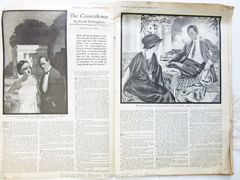 May include: A black and white magazine page with a short story titled "The Coincidence" by Booth Tarkington. The story is illustrated with two black and white drawings. The first drawing shows a man and a woman standing in a room. The second drawing shows a man and a woman sitting on a porch.