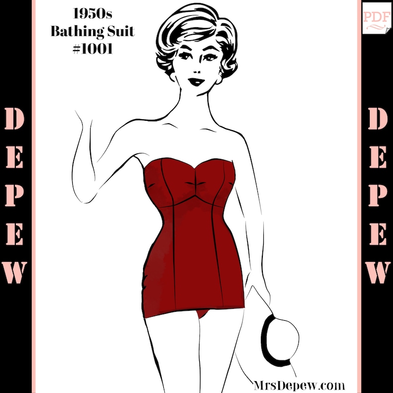 Puede incluir: Una ilustraci&oacute;n vintage de un traje de ba&ntilde;o rojo de los a&ntilde;os 50 con un escote de coraz&oacute;n. La ilustraci&oacute;n est&aacute; en blanco y negro, con el traje de ba&ntilde;o coloreado en rojo. El texto "1950s Bathing Suit #1001" est&aacute; en la parte superior de la imagen.