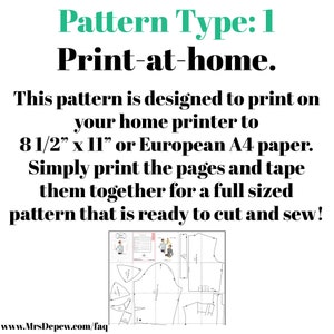 Puede incluir: Un patr&oacute;n de costura imprimible en blanco y negro para una camisa. El patr&oacute;n est&aacute; dise&ntilde;ado para imprimirse en papel de 8 1/2" x 11" o A4. El texto en la imagen dice "Tipo de patr&oacute;n: 1 Imprimir en casa. Este patr&oacute;n est&aacute; dise&ntilde;ado para imprimirse en su impresora dom&eacute;stica en papel de 8 1/2" x 11" o A4 europeo. Simplemente imprima las p&aacute;ginas y p&eacute;guelas juntas para obtener un patr&oacute;n de tama&ntilde;o completo que est&eacute; listo para cortar y coser! www.MrsDepew.com/faq"