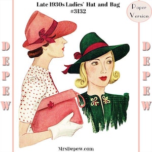 Vintage Sewing Pattern Ladies' 1930s Hat & Bag #3132 -Paper Version