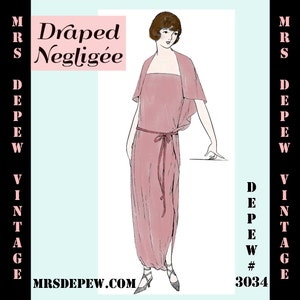 May include: A vintage sewing pattern for a draped negligee. The pattern is illustrated with a woman wearing the negligee, which is a long, flowing gown with a sash at the waist. The pattern is titled "Draped Negligée" and is numbered 3034.