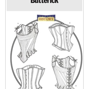 Op de afbeelding: Een zwart-wit illustratie van een Butterick patroon. De afbeelding toont vier corset ontwerpen binnen een cirkelvormig kader. De tekst "MAKING HISTORY" is ook zichtbaar.