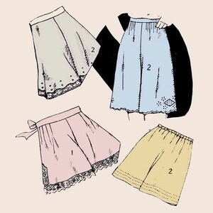May include: Four different styles of white cotton underskirts with lace trim. The underskirts are in various colors, including light blue, pink, and yellow.