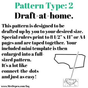 May include: A black and white graphic with the text "Pattern Type: 2 Draft-at-home." The text describes a pattern designed to be drafted to the desired size, using rulers and a mini template. A diagram of a pattern piece is included.