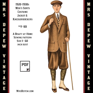 Menswear Vintage Sewing Pattern 1930's Men's Golf Suit Coat and Trousers in Any Size Depew F-101 - Plus Size Included -INSTANT DOWNLOAD-