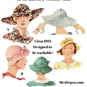 May include: A vintage illustration of two different styles of hats from the 1930s. The hats are designed to be washable and are tied on. The text "Tie on Hats in 2 Versions #1031" and "Circa 1935 Designed to be washable!" is included in the image.