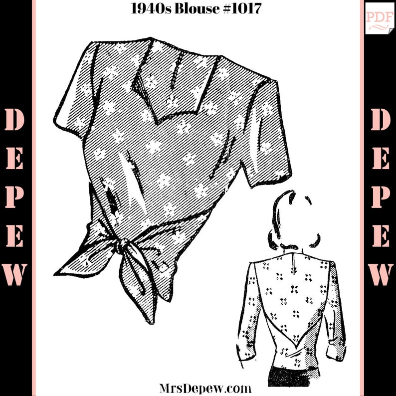 K&ouml;nnte beinhalten: Ein Vintage-Schnittmuster f&uuml;r eine Bluse aus den 1940er Jahren mit einem Bindeverschluss vorne und kurzen &Auml;rmeln. Das Schnittmuster hei&szlig;t "1940s Blouse #1017" und stammt von MrsDeppew.com.