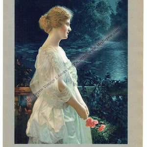 Lithographie offset magazine publicité calendrier Art Moonlight Memories années 1920 belle dame impression