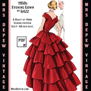 Vintage Sewing Pattern Template & Scale Rulers 1950s Off Shoulder Evening Gown in Any Size - PLUS Size Included -  6422-INSTANT DOWNLOAD-