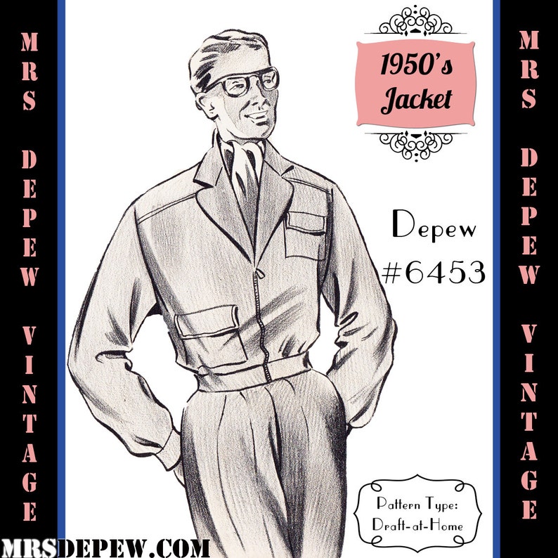 1940s Sewing Patterns – Dresses, Overalls, Lingerie etc Menswear Vintage Sewing Pattern 1950s Mens Jacket in Any Size Depew 6453 - Plus Size Included -INSTANT DOWNLOAD- $7.50 AT vintagedancer.com