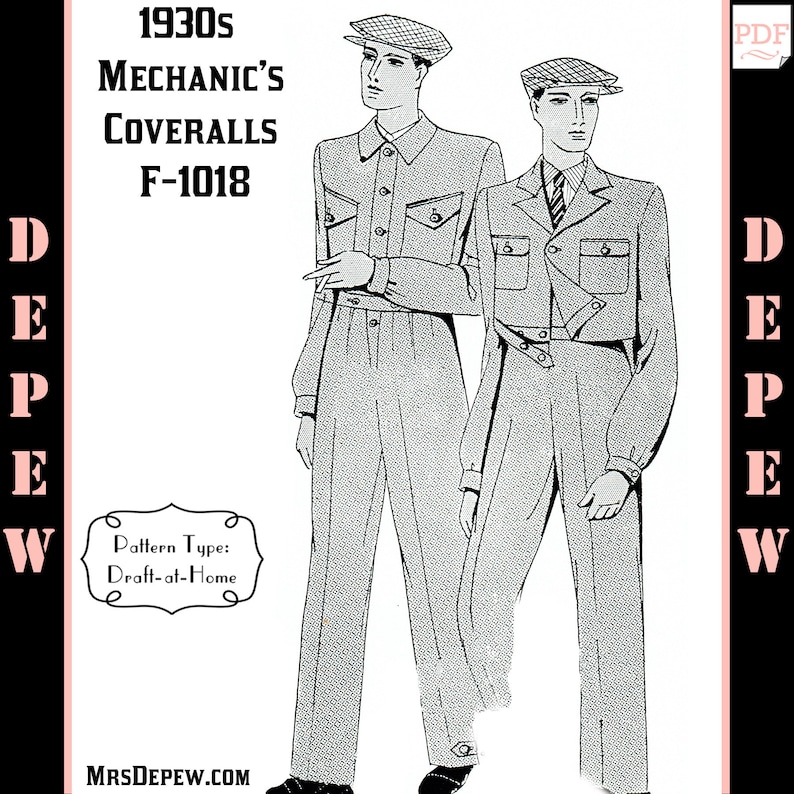 1930s Sewing Patterns- Dresses, Pants, Tops Menswear Vintage Sewing Pattern 1930s Mens Mechanic Coverall in Any Size Depew F-1018 - Plus Size -INSTANT DOWNLOAD- $9.50 AT vintagedancer.com