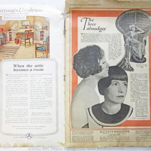 May include: A vintage magazine ad for Armstrong's Linoleum featuring a room with a linoleum floor and a caption that reads "When the attic becomes a room". The ad also features a vintage magazine ad for The Three Talmadges, a family of actresses, with a caption that reads "The Three Talmadges".