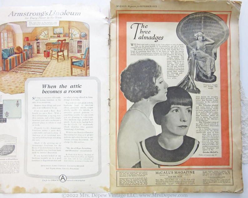 May include: A vintage magazine ad for Armstrong's Linoleum featuring a room with a linoleum floor and a caption that reads "When the attic becomes a room". The ad also features a vintage magazine ad for The Three Talmadges, a family of actresses, with a caption that reads "The Three Talmadges".