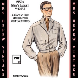 Patrón de costura vintage para chaqueta de hombre de los años 50 (cualquier talla) Depew 6453 (talla grande incluida) - DESCARGA INSTANTÁNEA -