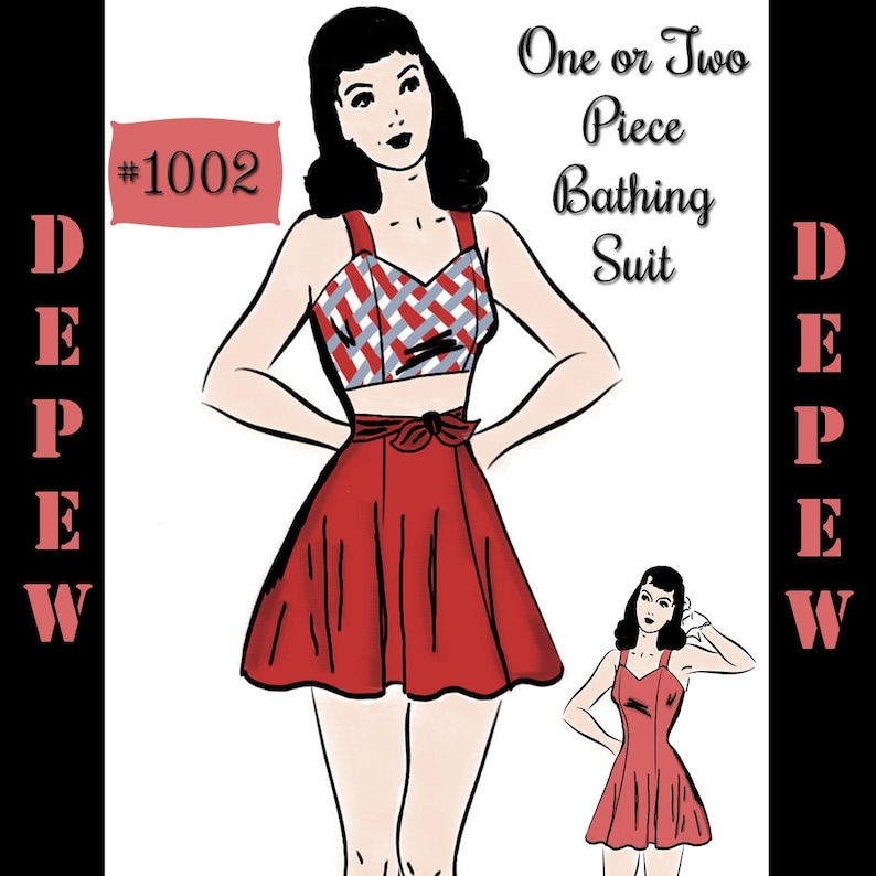 Vintage Sewing Pattern 1940s Ladies' Pin Up Bathing Suit 36' Bust  #1002 -INSTANT DOWNLOAD- 