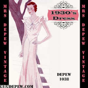 Puede incluir: Ilustración de una mujer con un vestido rosa claro de los años 30 con escote con volantes y detalle de lazo. La imagen incluye el texto "1930's Dress" y "DEPEW 1038". El fondo presenta un árbol y el texto "MRS DEPEW VINTAGE".