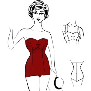 Puede incluir: Un traje de ba&ntilde;o vintage estilo a&ntilde;os 50 en rojo con escote de coraz&oacute;n. El traje se muestra en dos versiones, una con falda completa y la otra con falda m&aacute;s corta. La imagen tambi&eacute;n incluye un dibujo de l&iacute;nea de la construcci&oacute;n del traje.