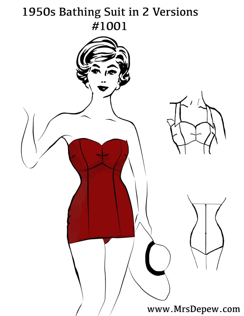 Puede incluir: Un traje de ba&ntilde;o vintage estilo a&ntilde;os 50 en rojo con escote de coraz&oacute;n. El traje se muestra en dos versiones, una con falda completa y la otra con falda m&aacute;s corta. La imagen tambi&eacute;n incluye un dibujo de l&iacute;nea de la construcci&oacute;n del traje.