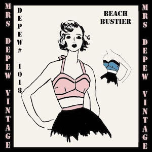 May include: Vintage sewing pattern for a pink and black beach bustier. The pattern is called "Beach Bustier" and is labeled "Mrs. Dep. Ew #1018 Vintage".