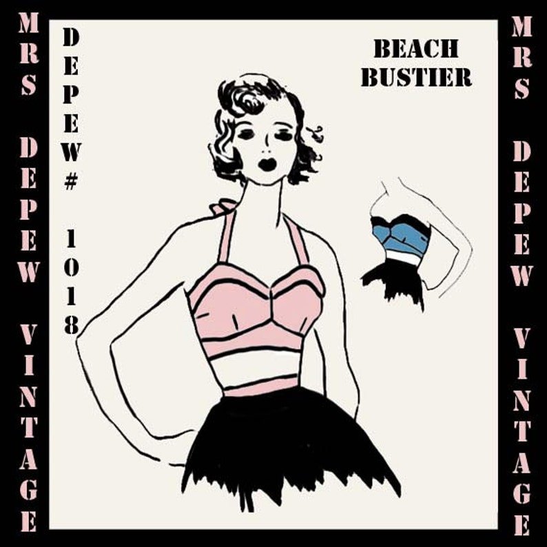 May include: Vintage sewing pattern for a pink and black beach bustier. The pattern is called "Beach Bustier" and is labeled "Mrs. Dep. Ew #1018 Vintage".