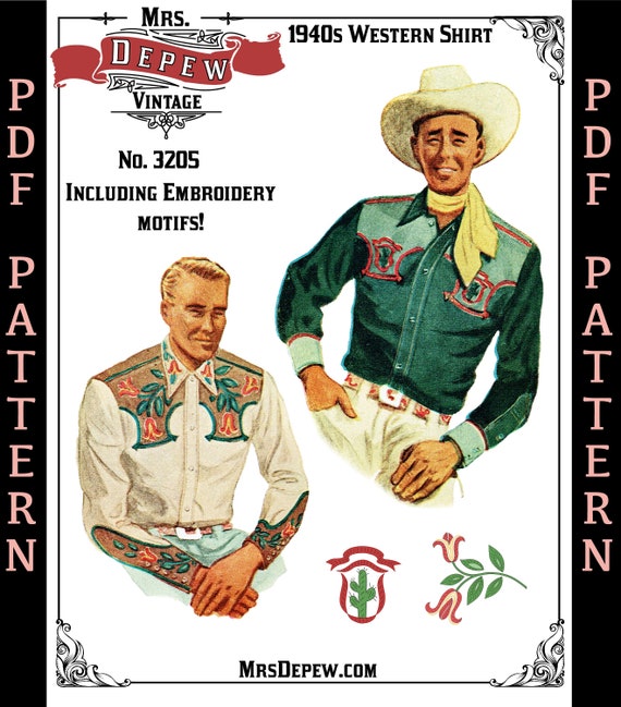 Menswear Vintage Sewing Pattern 1940s Men's Western Shirt With