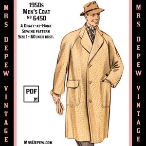 Menswear Vintage Sewing Pattern 1950's Men's Raglan Sleeve Overcoat in Any Size Depew 6450 - Plus Size Included -INSTANT DOWNLOAD-