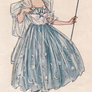 May include: Vintage illustration of a woman in a celestial-themed costume. She wears a blue dress adorned with crescent moons and stars, a white top, and a matching cape. Accessories include a crescent moon headpiece and a star-topped wand. The image has a retro aesthetic.