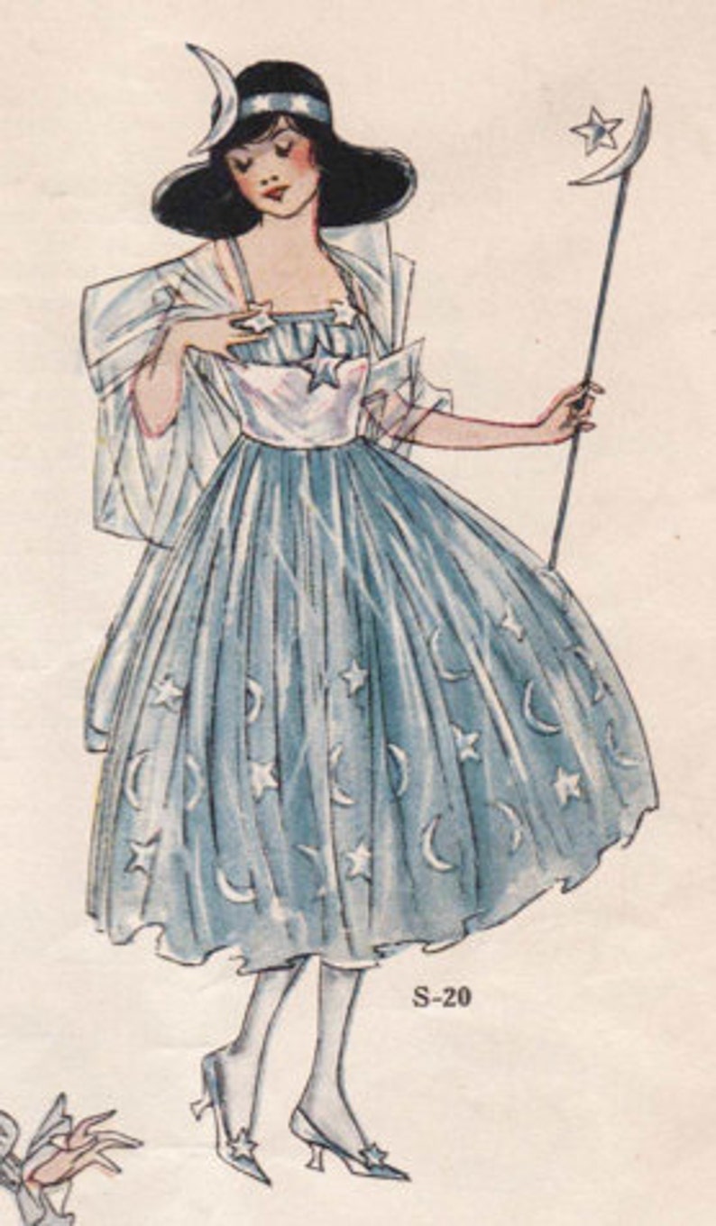 May include: Vintage illustration of a woman in a celestial-themed costume. She wears a blue dress adorned with crescent moons and stars, a white top, and a matching cape. Accessories include a crescent moon headpiece and a star-topped wand. The image has a retro aesthetic.