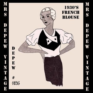 May include: Vintage illustration of a 1930s French blouse. The design features a white top with puffed sleeves and a black, geometric bodice. The image includes the text "MRS DEPEW VINTAGE" and "# 1126".