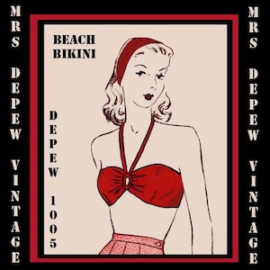 May include: Vintage sewing pattern for a red bikini top. The pattern is called "Beach Bikini" and is from Mrs. Deprw Vintage 1005.