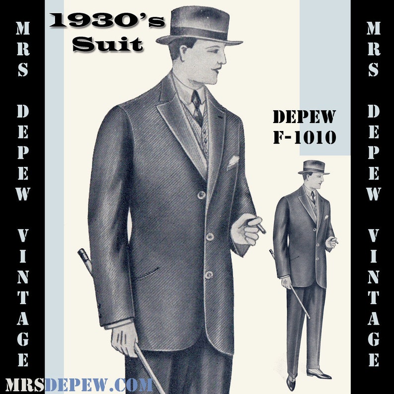 1930s Men’s Suits & Sportscoats History Menswear Vintage Sewing Pattern 1930s Mens Suit Coat and Trousers in Any Size Depew F-1010 - Plus Size Included -INSTANT DOWNLOAD- $9.95 AT vintagedancer.com