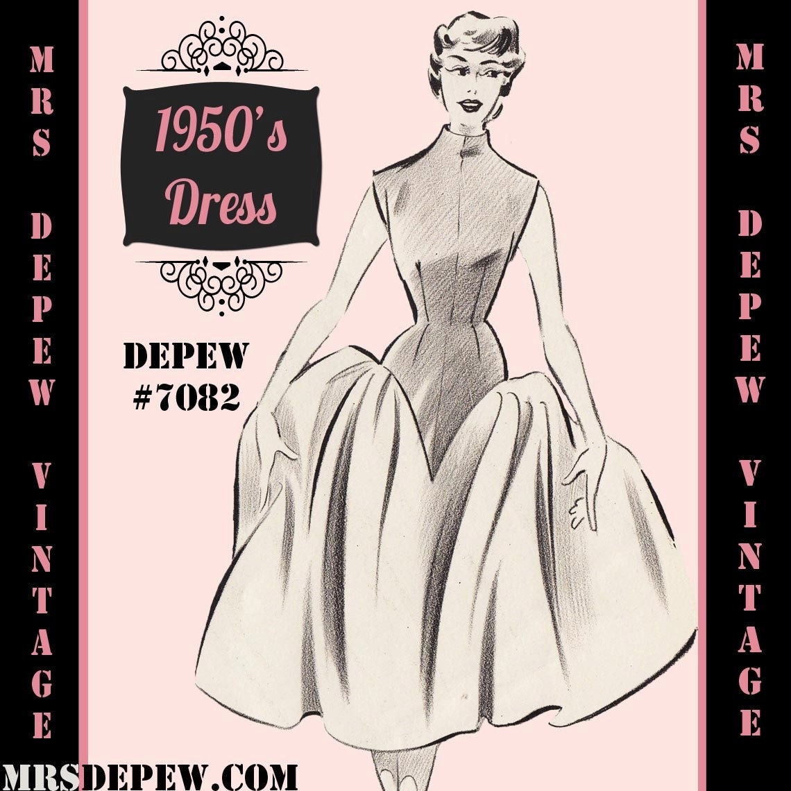Vintage Sewing Pattern Template & Scale Rulers 1950's Evening Cocktail Dress Any Size - PLUS Size Included -  7082 -INSTANT DOWNLOAD-