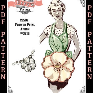 Könnte beinhalten: Vintage Illustration einer Frau mit einer Blütenblatt-Schürze. Die Schürze hat ein großes Blumendesign in Creme, Rosa und Grün. Der Text lautet "1950s Flower Petal Apron No. 3215" und "Mrs. Depew Vintage".