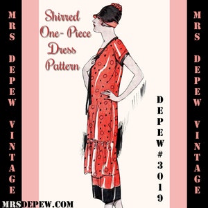 May include: Illustration of a vintage dress pattern. The image shows a woman in a red, polka-dot dress with black trim and a matching hat. The text reads "Shirred One-Piece Dress Pattern" and "MRS DEPEW VINTAGE".