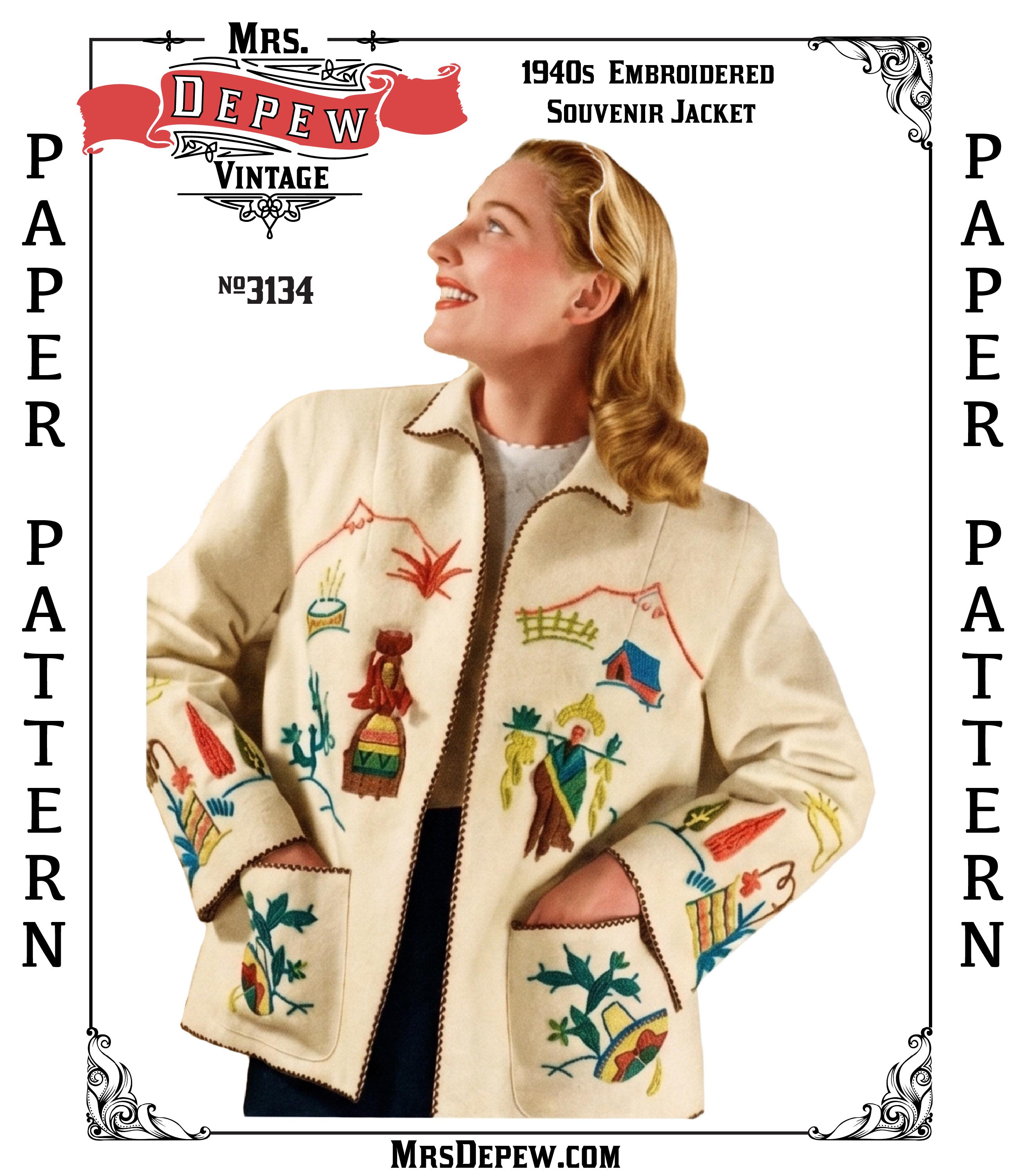1940s Vintage Sewing Pattern Ladies' Embroidered Jacket #3134 With