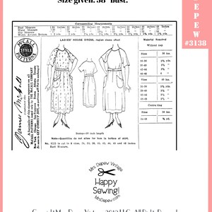 Cartamodello vintage anni '10-'20 Abito da donna da casa taglia 38" busto #3138 - DOWNLOAD immediato immagine 4