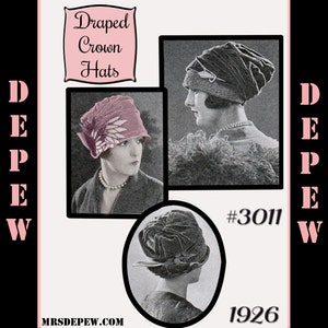 Vintage naaipatroon 1920's gedrapeerde kroonhoed in 3 stijlen depew 3011 -INSTANT DOWNLOAD-