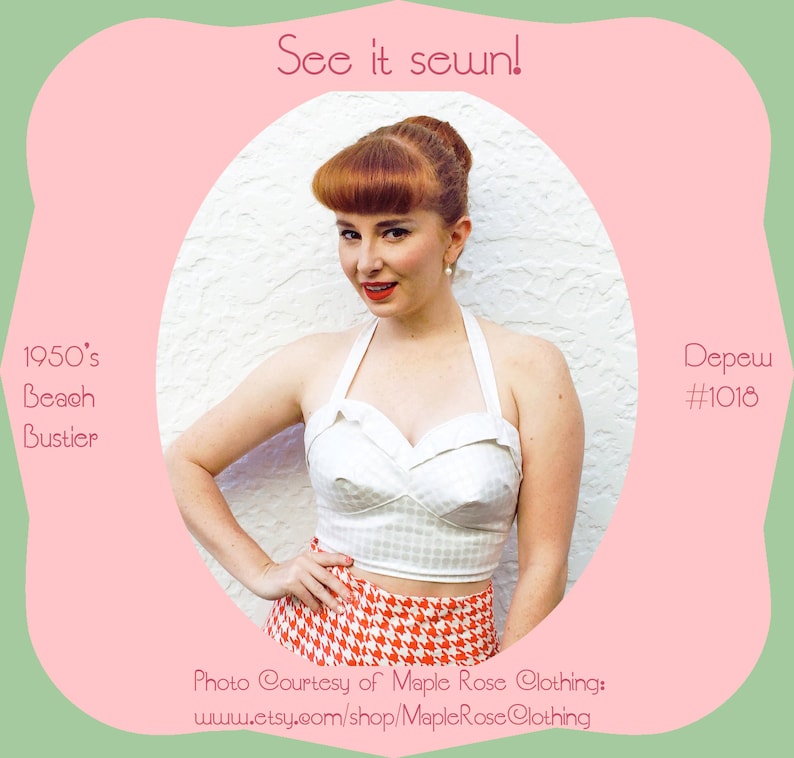 May include: A white halter top with a gingham pattern and a red and white houndstooth skirt. The top has a sweetheart neckline and is cropped. The skirt is high-waisted and has a full skirt. The model is wearing the outfit and has red hair and is smiling. The image is captioned "See it sewn!" and "1950's Beach Bustier" and "Depew #1018".