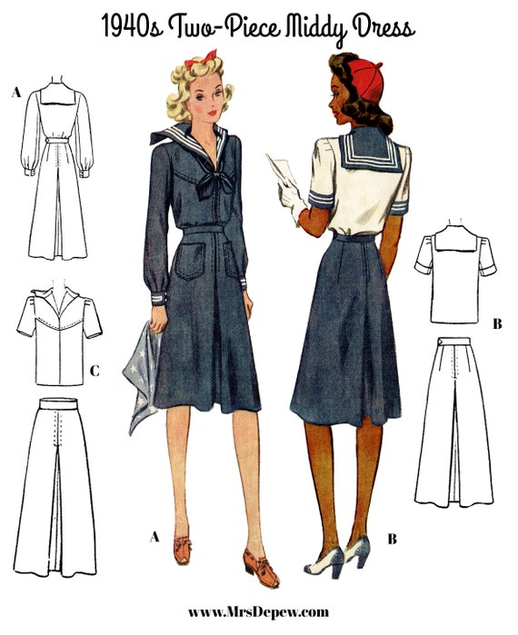 Vintage Sewing Pattern 1940s Ladies' Two-piece Middy Sailor