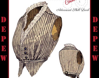May include: A vintage illustration of a waistcoat pattern from the 1910s. The pattern is for a striped waistcoat with a lace collar. The illustration is labeled "1910s Waistcoat #3170 Couturière Advanced Skill Level".